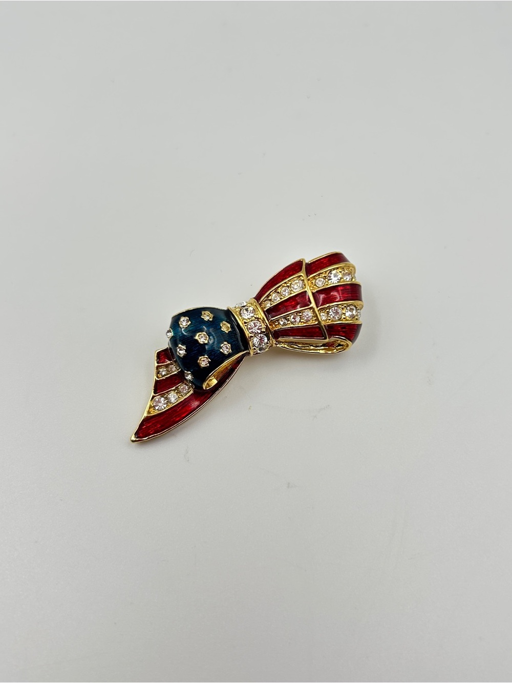 Vintage Carolee Pin Brooch Rhinestone American Flag Bow Red White Blue Enamel